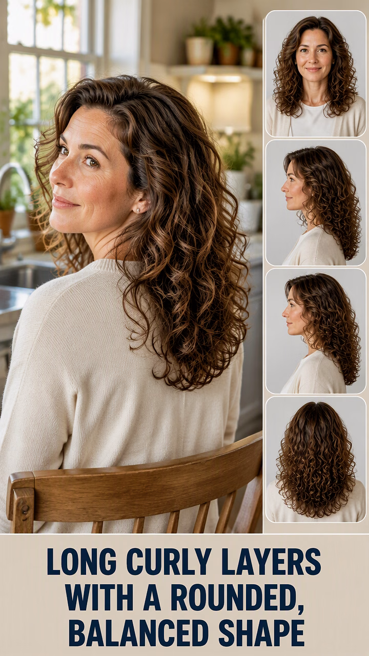 Long Curly Layers With A Rounded, Balanced Shape