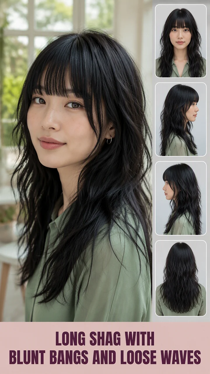 Long Shag With Blunt Bangs And Loose Waves