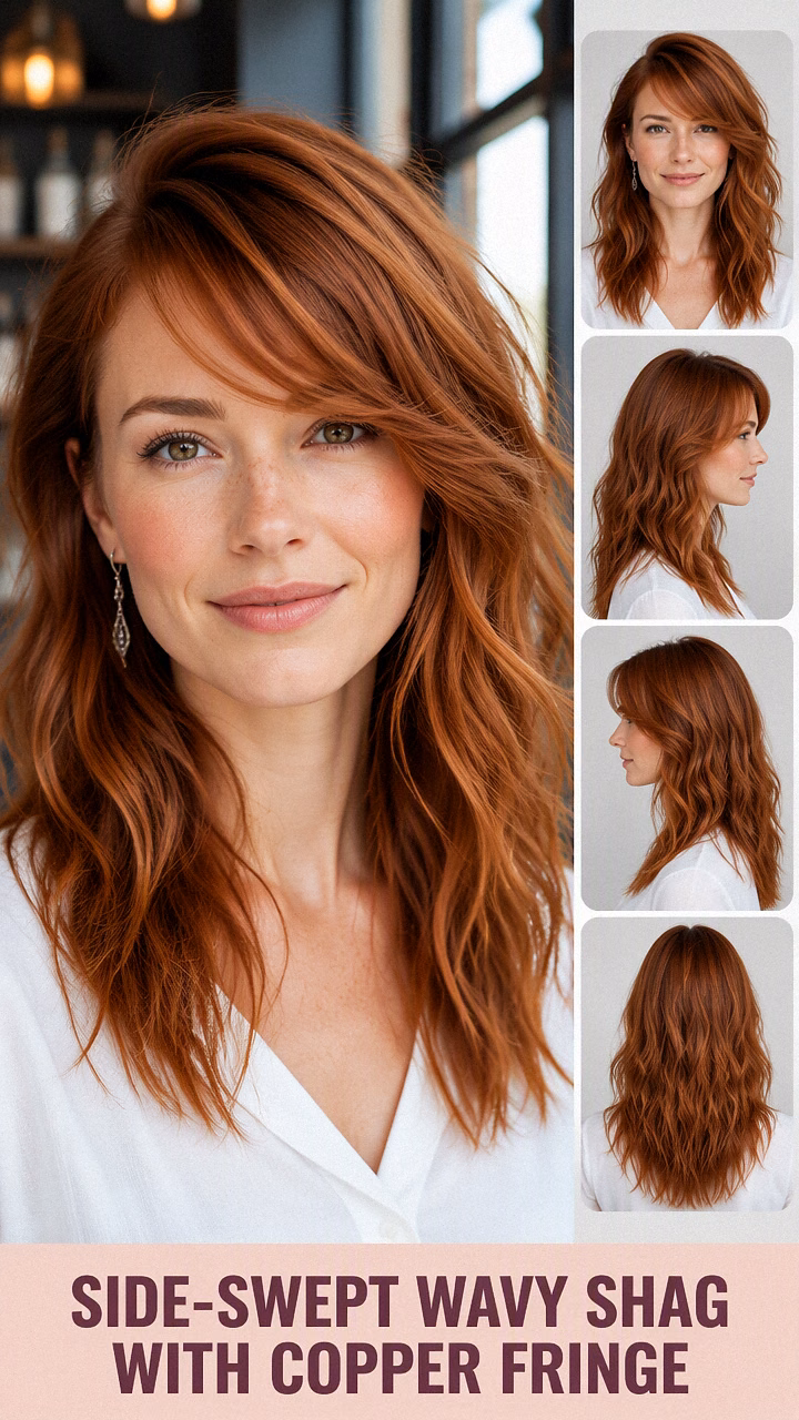 Side-Swept Wavy Shag With Copper Fringe