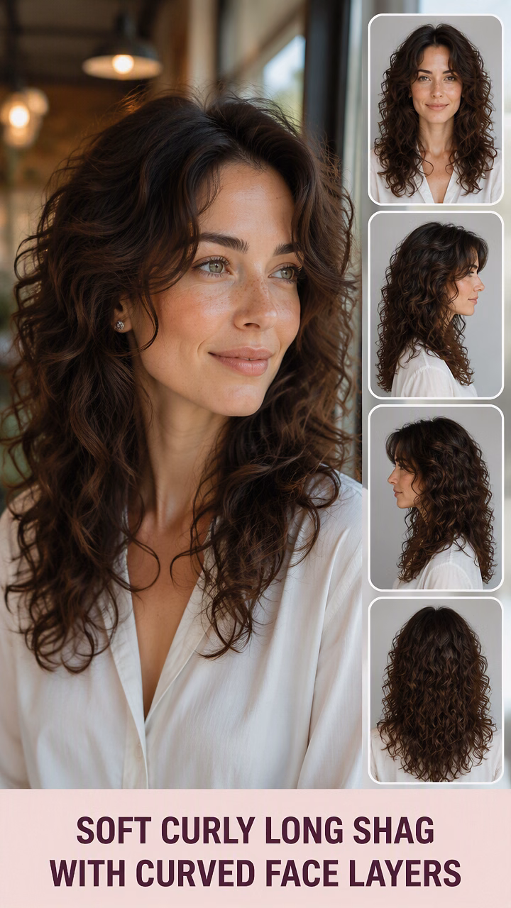 Soft Curly Long Shag With Curved Face Layers