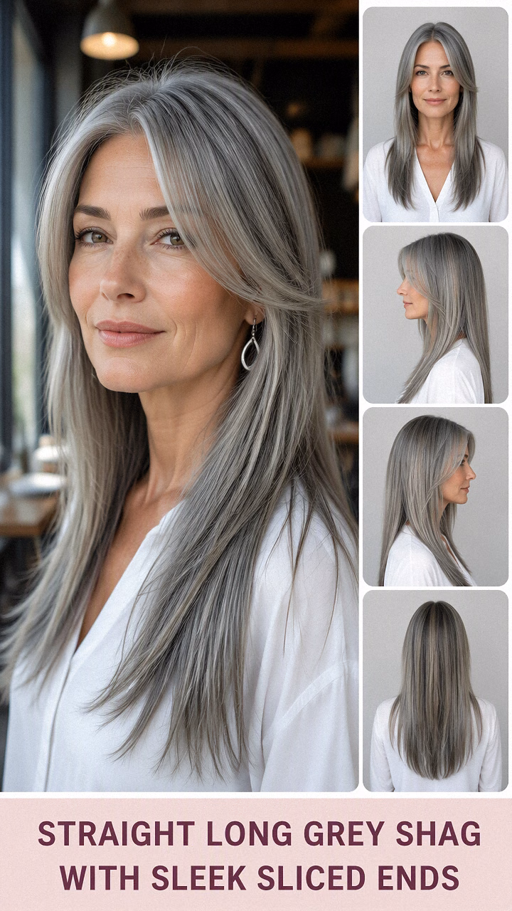Straight Long Grey Shag With Sleek Sliced Ends