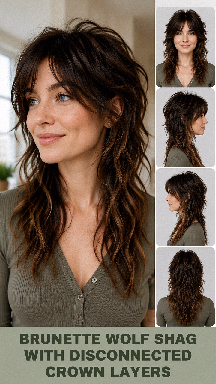 Brunette Wolf Shag With Disconnected Crown Layers