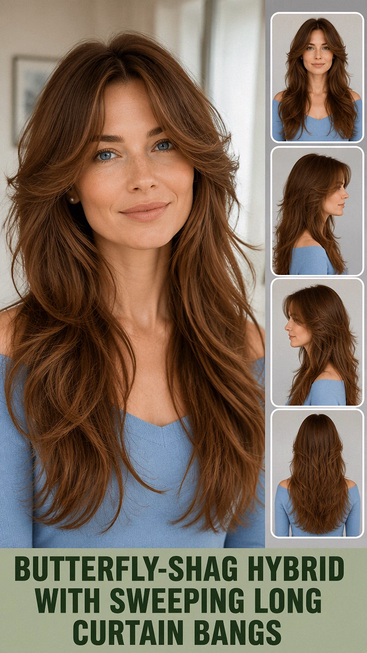 Butterfly-Shag Hybrid With Sweeping Long Curtain Bangs
