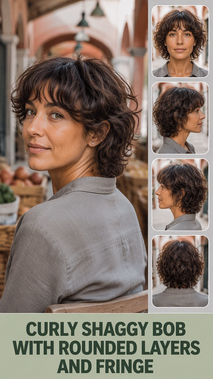 Curly Shaggy Bob With Rounded Layers And Fringe