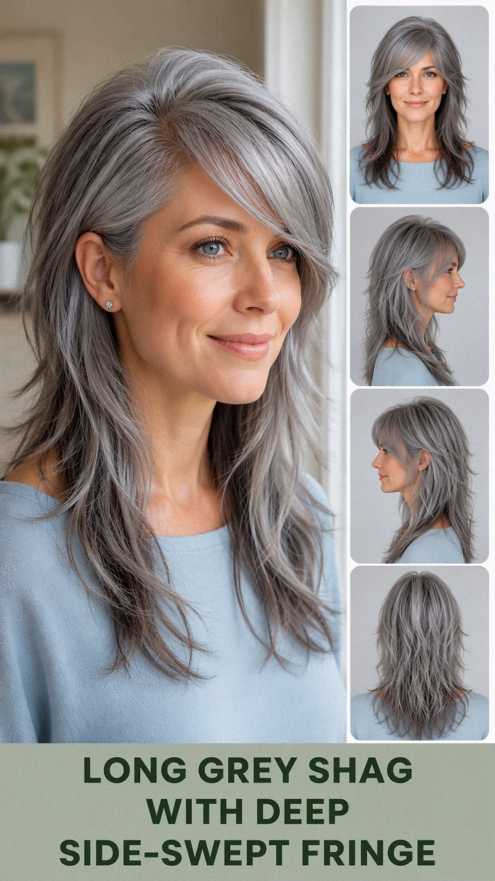 Long Grey Shag With Deep Side-Swept Fringe