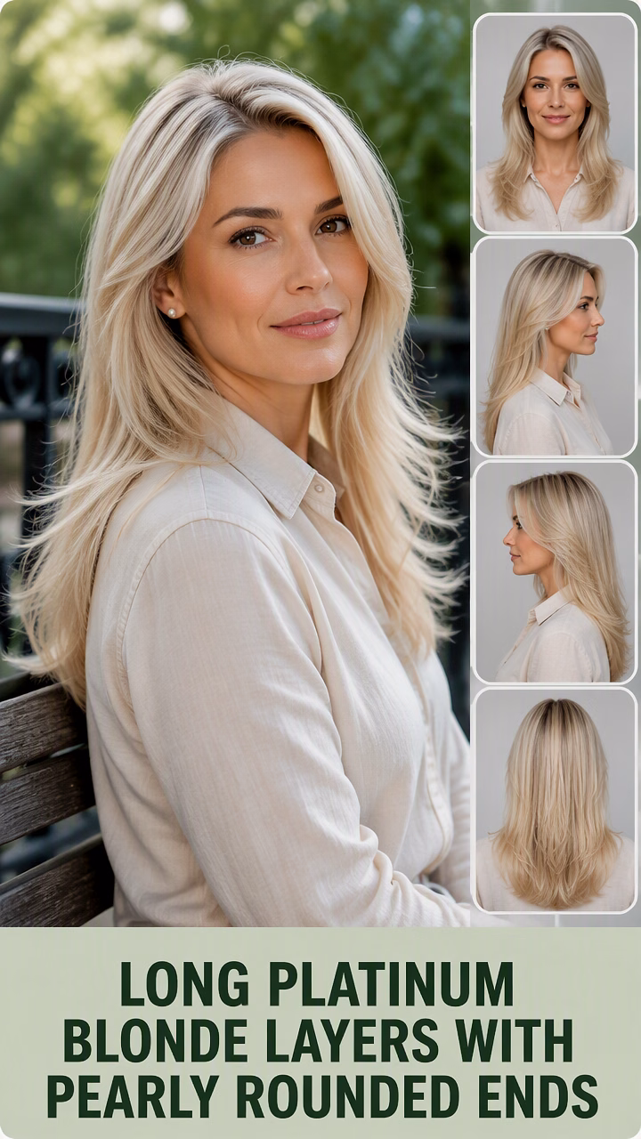 Long Platinum Blonde Layers With Pearly Rounded Ends