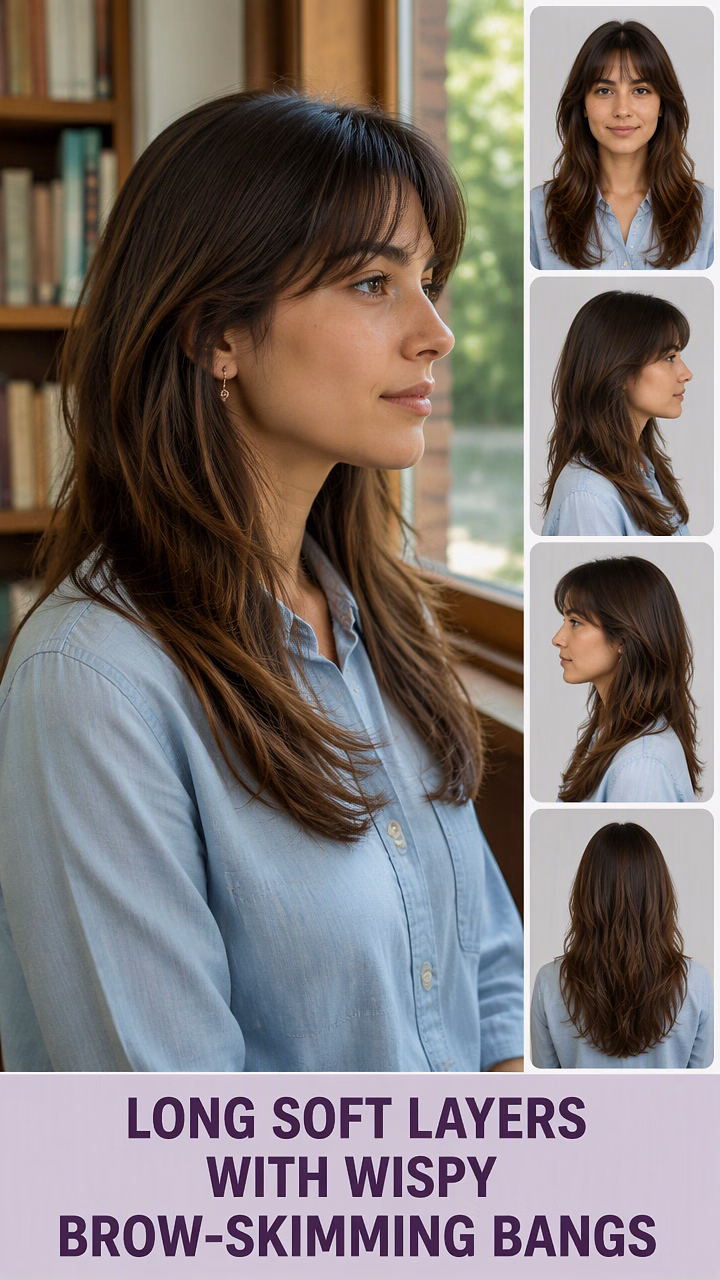 Long Soft Layers With Wispy Brow-Skimming Bangs