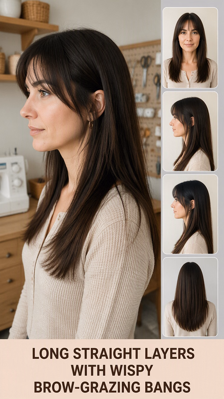 Long Straight Layers With Wispy Brow-Grazing Bangs