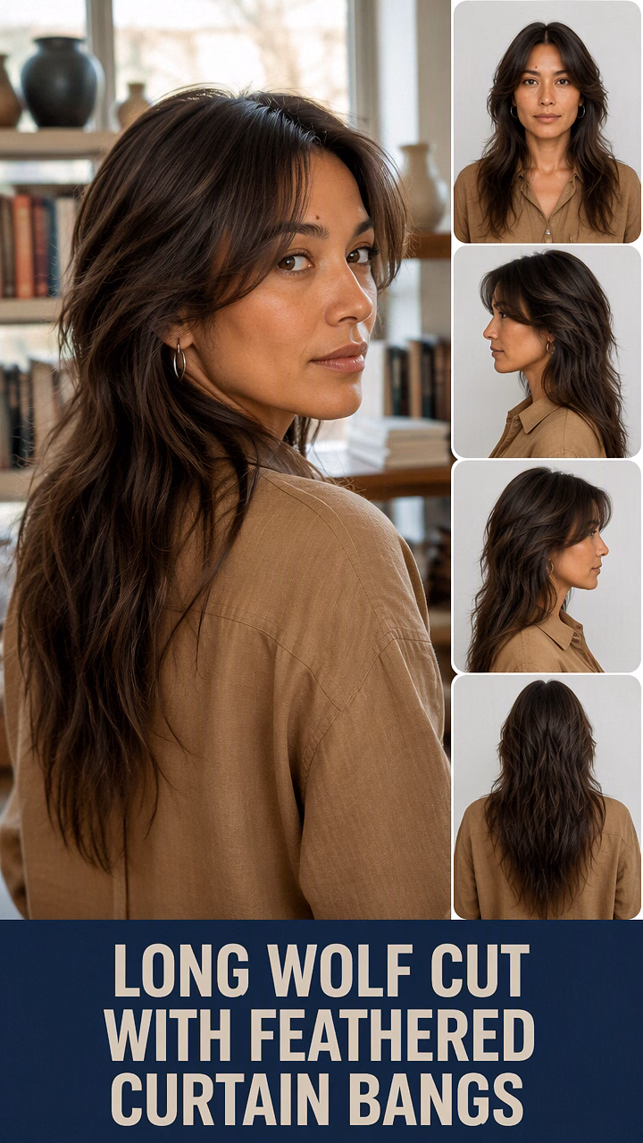 Long Wolf Cut With Feathered Curtain Bangs