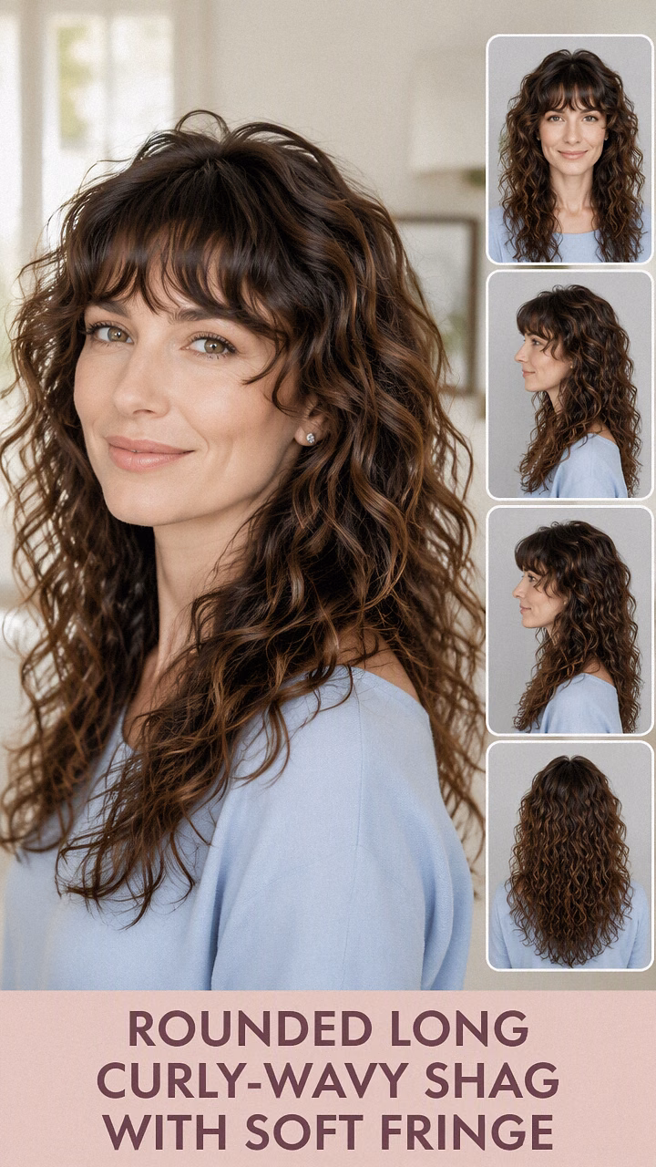 Rounded Long Curly-Wavy Shag With Soft Fringe