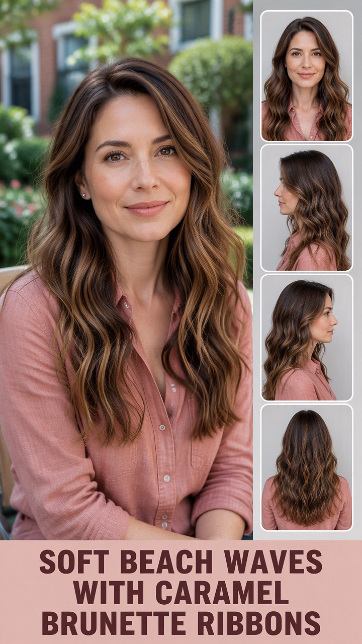 Soft Beach Waves With Caramel Brunette Ribbons