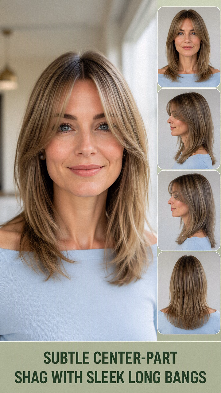Subtle Center-Part Shag With Sleek Long Bangs